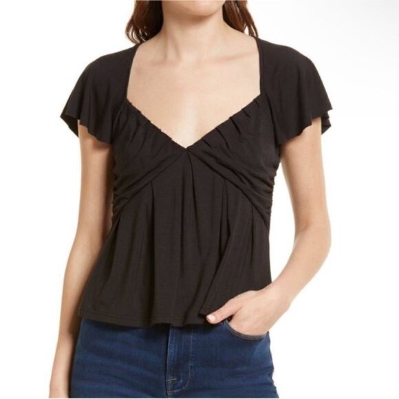 FRAME NWT SHIRRED FLOUNCE TOP Black 
Modal Blend Deep Vneck Flowy Medium - Picture 1 of 7